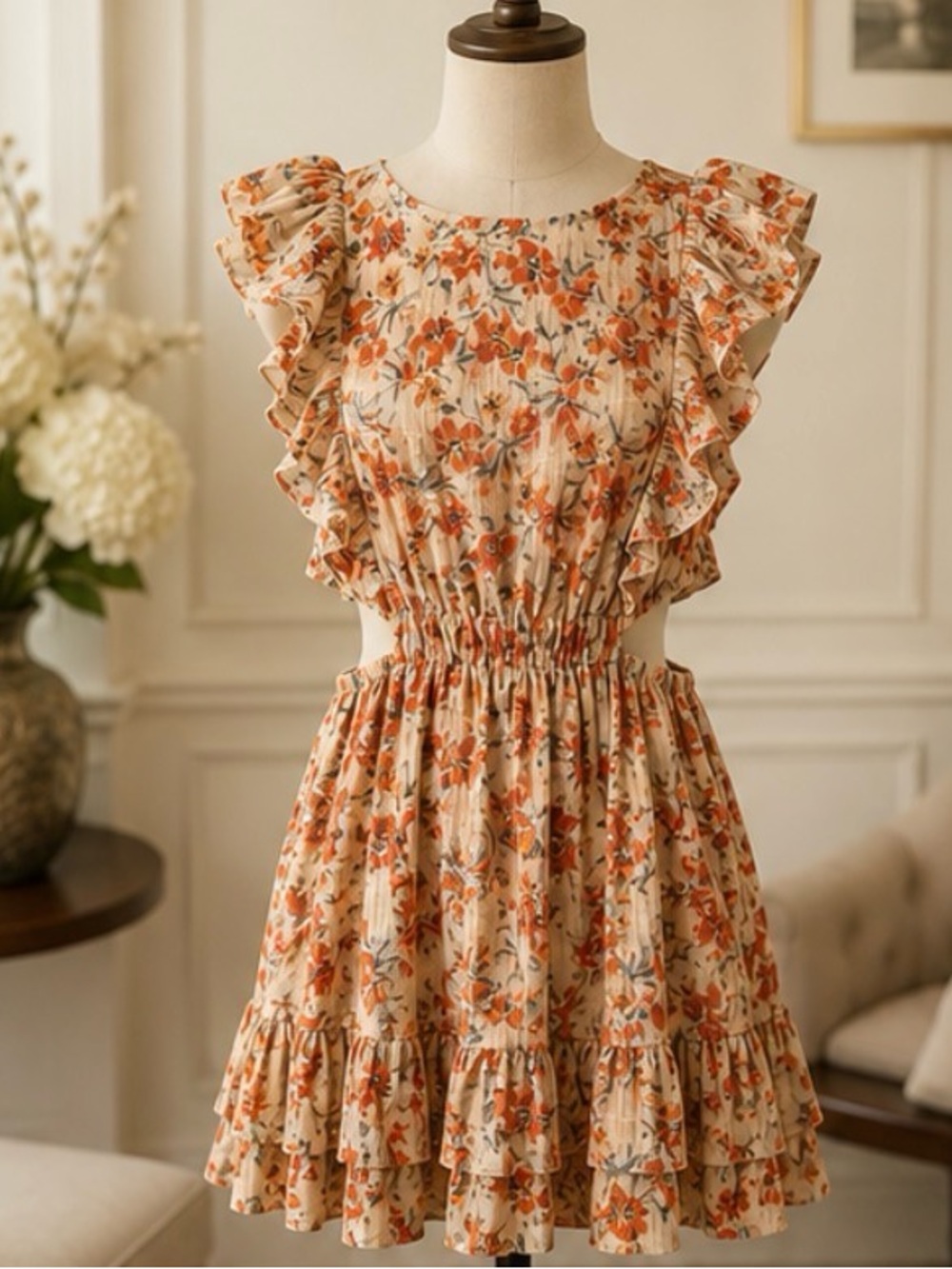 MINKPINK Beige Mini Dress with Orange Floral Print